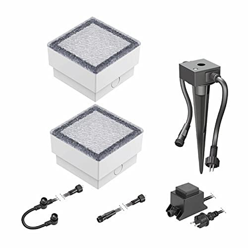 ledscom.de LED Pflaster-Stein Gorgon Boden-Einbauleuchte mit Dämmerungssensor für außen, 10x10cm, 12V, warm-weiß 2er Set