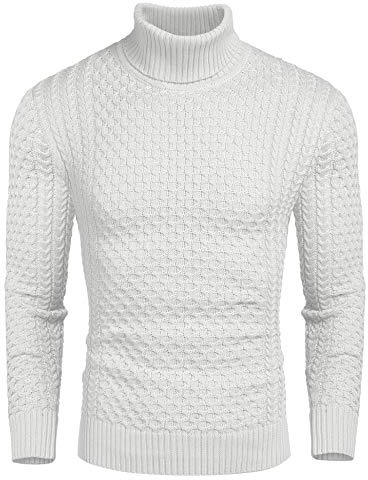 COOFANDY Tröja för män polotröja stickad tröja polotröja långärmad tröja vintertröja män pullover varma toppar, Vit, XXL
