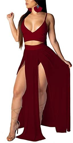 Plus Size Swimsuit Cover Ups for Women 2 Piece Outfits Chiffon Strap Deep V Neck Bra Crop Top High Split Maxi Dress Skirt Set Beachwear Wine Red 2XL