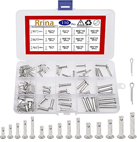 Rrina 110Pcs 304 Stainless Steel Flat Head Clevis Pins Cotter Pin Clip Key Assortment Kit Link Hinge T-Shape Round Pin M3 M4 M5 Assorted Sizes Set