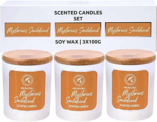 Aroma Kerze Sandelholz - Duftkerzenset 3 x 100 g - Aromatherapie Sojawachs Kerzen mit Sandelholzöl - Aroma Kerze mit Ätherischen Ölen - Kerze für Hause - Idee für Geburtstag - Weihnachten