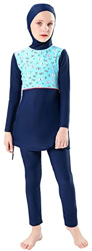 IMEKIS Kid Girls Muslim Swimwear Modest Swimsuits Islamic Burkini Outfit Long Sleeve Hooded Swim Top Pants 2pcs Tankinis Swimming Costume Summer Beachwear Bathing Suit Dark Blue 9-10 Years