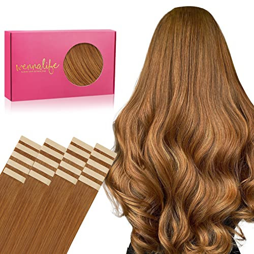 WENNALIFE Tape Extensions Echthaar, 20pcs 50g 45cm 18 Zoll Auburn Ginger Remy Invisible Tape Extensions Seidig Gerade Echthaar Extensions Skin Weft Tape Ins