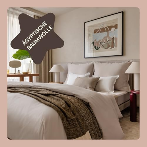 Amqua Juego de ropa de cama de satén Mako, 200 x 220 cm y 2 fundas de almohada de 80 x 80 cm, 100 % algodón egipcio certificado, beige/arena