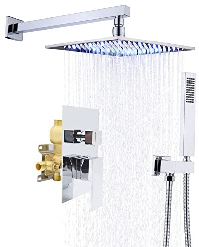 DERBUT Shower Systems Duschmischer-Set mit beleuchtetem Duschkopf, Regendusche-Armaturen-Set Chrom, A