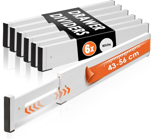 MUUKAIII Divisori per Cassetti Cucina Regolabili (43-56cm, Alti 6cm) 6 Pezzi Separatori per Cassetti in Bambù Divisori Cassetti per Organizer Cassetti per Armadio, Biancheria Intima, Bianco