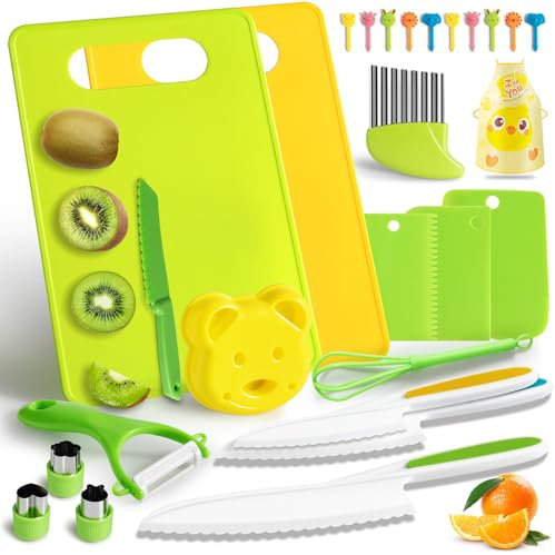 Mactoou Couteau pour Enfants, 27 Pièces Kit Couteau de Cuisine, Couteau Sécurité de Montessori Avec couteau ondulé et planche à découper pour Couper des Fruits ou Légume