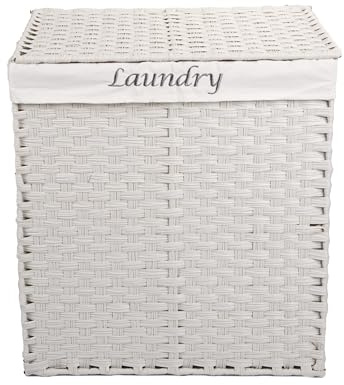 Wickerfield Faux Wicker Basket with Liner and Lid Plastic Wicker Trunk Chest for Bathroom Home Storage Office Collection (White)