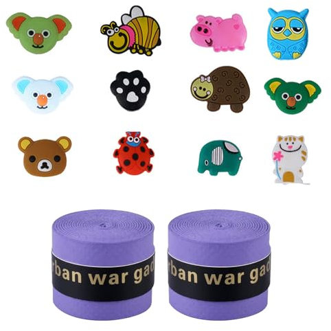 Editbar 12 Set Tier-Motiv Tennis Vibrationsdämpfer mit 2 Tennisschläger Schweißband - Tennisschläger,Badmintonschläger,Tennisschläger Dämpfer,Für Kinder,Studenten und Sportbegeisterte(Zufällige Farbe)