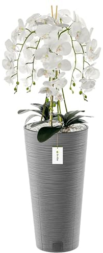 Botle Konstgjord orkidé, kaskadblombukett, vit i kruka, betong H 110 cm – dekoration för hemmet, konstgjord växt, konstgjord blomma