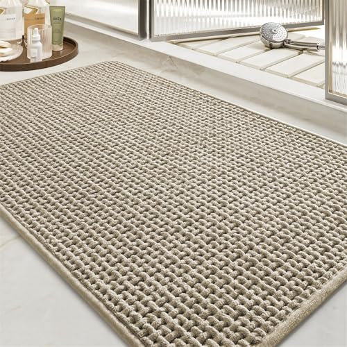 FASCINATDECO Chenille Badematte rutschfest Badezimmerteppich Weich Badteppich Saugfähige Badvorleger Waschbar Duschvorleger für Badezimmer, 60x90 cm, Beige