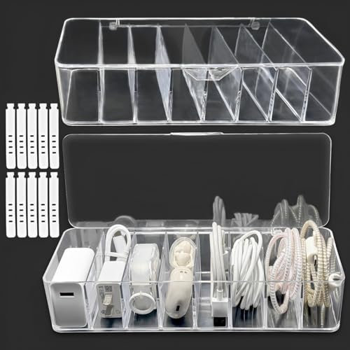 Xpieoyrm Lot de 2 boîtes de Rangement de câbles Transparentes avec 8 Compartiments et 20 Attaches de câble, Boîte de Rangement Chargeur et Cable, Boîte de Gestion des Câbles, Organisateur de câbles