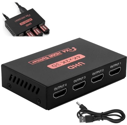 4K HDMI Splitter 1 in 4 Out Gleichzeitig, HDMI Verteiler für 4 Monitore, Unterstützt Full HD 1080P 3D 4K 30Hz, Adapter Kompatibel mit Monitore TV PS 3/4 X-Box Projektoren Heimkino