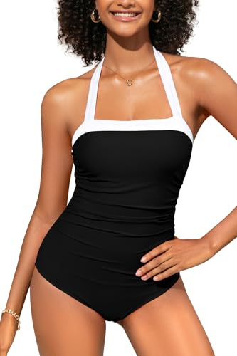 SHEKINI Tummy Control One Piece Swimsuit for Women Retro Halter Swimwear Modest Swimming Costume Vintage Bathing Suit Padded Plus Size Black