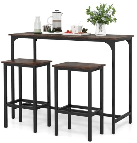 GiantexUK 3PCS Bar Table Set, Metal Frame Breakfast Bar Set with Spacious Tabletop, H-Shaped Structure & Footrests, Industrial Counter Height Table and Stools for Dining Living Room (Coffee+Black)