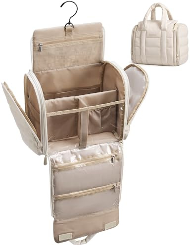 BAGSMART Toiletry Bag for Women with Hanging Hook, Puffy Water-resistant Makeup Cosmetic Bag for Accessories, Shampoo, Full-size Container, Toiletries, Beige