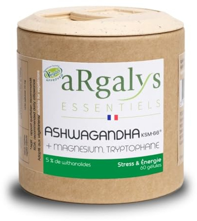 Ashwagandha Bio Breveté KSM-66™ - Extra fort : 5% withanolides, + Magnésium & Tryptophane, Anti Stress, Sommeil adulte, Énergie, Bien-Être - 60 gélules vegan, 900mg - Qualité Supérieure