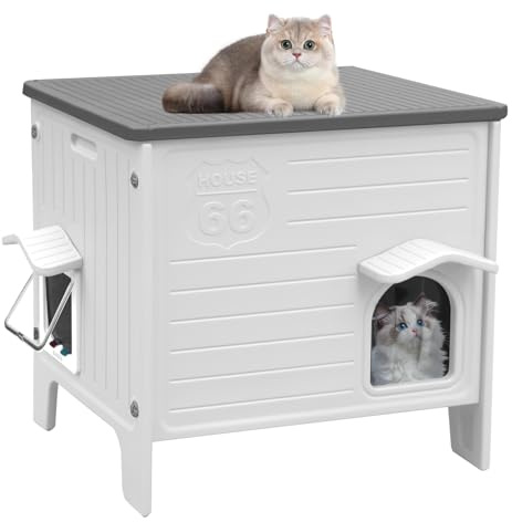 CSQOO Plastic Cat House Outdoor & Indoor, Feral Cat Houses with Escape Door, Waterproof Outdoor Cat House for Feral Cats, Outside Cat Shelter for Small Pet, Assemble Easily-White