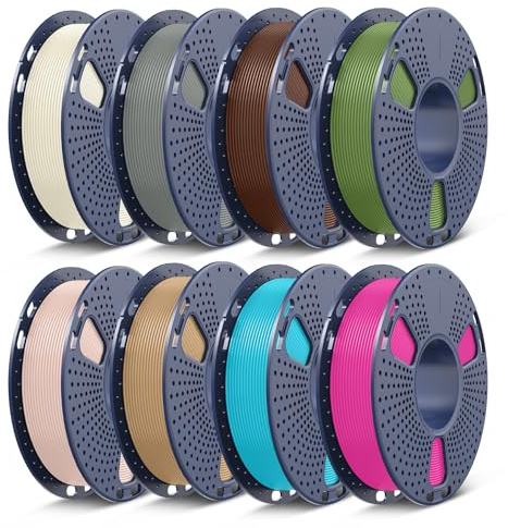 SUNLU 3D PETG Filament Lot de filaments imprimante 1,75 mm,emballé individuellement sous vide,0,25 kg par bobine,(blanc cassé + gris + brun café + vert olive + chêne + couleur peau + cyan + magenta).