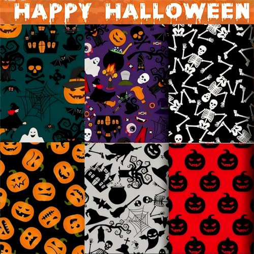 EXGOING 6PCS Halloween Fabric Squares 50x50cm for Sewing, Quilting & Crafts | Lightweight Polyester • Coordinated Spooky Prints • Easy to Cut & Mix • Ideal for Bunting, Costumes & Seasonal Décor