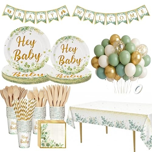 272 Pcs Sage Green Neutral Baby Shower Decorations Plates Set for 30 Guests, Paper Plates ,Cups ,Napkins ,Straws, Tablecloth, Tableware for Baby Shower Party Table Decorations