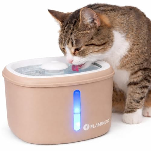 Fontaine a Eau Chat - Flamingo Finto Beige - 2,5L - Plastique - Pompe Super silencieuse arrêt Auto - Filtre Charbon Actif et résine - indicateur Lumineux