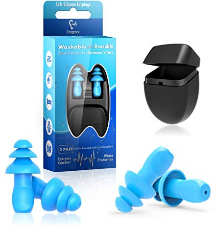 Schwimm Ohrstöpsel, 2 Paar wasserdichte, wiederverwendbare Silikon-Ohrstöpsel mit abnehmbarer Schnur – Gehörschutz für Schwimmen, Duschen, Surfen, Pool, Arbeit, Schlaf, Lernen und laute Umgebungen