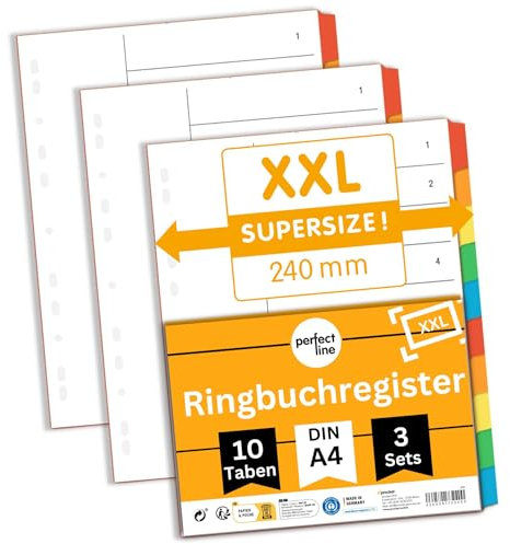 perfect line - Ordner-Register XXL DIN-A4, 10-teilig, 3er Set, Karton, made in Germany, Blauer Engel zertifiziert