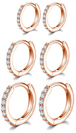 14K Rose Gold Plated Hoop Earrings, 925 Sterling Silver Post Rose Gold Hoop Earrings with AAA Cubic Zirconia, 3 Pairs Small Sleeper Hoops Huggie Hinged Earrings (8/10/12mm)