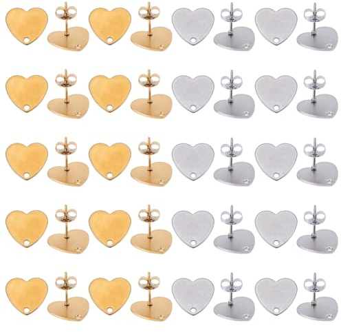UNICRAFTALE 20pcs 2 Couleurs Boucles d'oreilles en Forme de Coeur 304 Clous d'oreilles en Acier Inoxydable avec Écrous d'oreille et Composants de Boucle d'oreille Trou pour la Fabrication de Bijoux