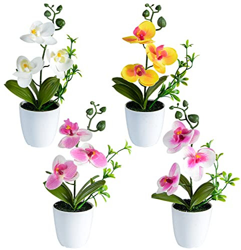 SIFOEL Artificial Orchid Flowers, 4Pcs Mini Potted Fake Orchid Flowers with Plastic Vase for Home Office Wedding Table Decoration (White, Yellow, Pink, Light Pink)