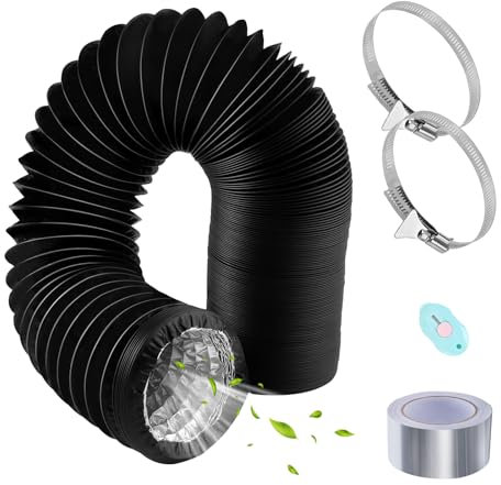 URHRHU Ø100 mm Condotti Tubo di Ventilazione Flessibile 4.7 m, Tubo Flessibile in Alluminio con 2 Fascette Stringitubo e 1 Nastro Adesivo Alluminio per Aria Condizionata Cappa Aspirante Hydroponics