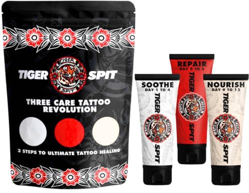 Kit Completo per la cura dei tatuaggi: Crema Tatuaggi Lenitiva, Creama Rigenerante Tattoo e Lozione Ravvivante. Guarigione dei Tatuaggi in 12 Giorni e in 3 Semplici Passaggi.