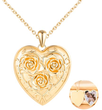 MICSAVI Collana Rose Foto Personalizzata Medaglione Cuore in Argento 925 per Donna Ragazza, Ciondolo Cuore con Tre Rose, Regalo Gioiello Portafoto per Fidanzata Madre Figlia