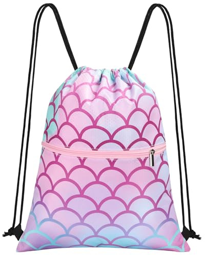 HAGOT Drawstring Bags for Kids, Waterproof Gym PE Bag with Zippered Pocket, String Backpack for Beach Swimming Pool School