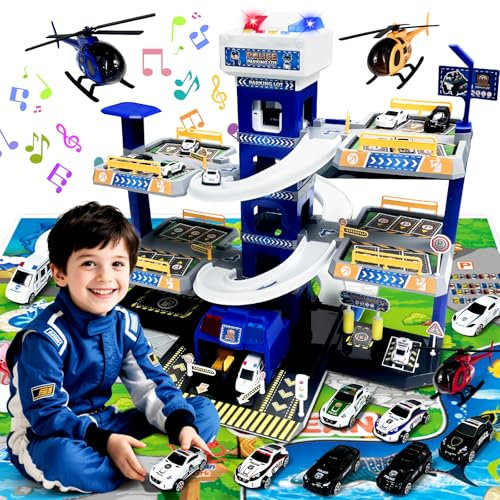 Parking de 5 étages pour enfants, parking avec garage, rampes, ascenseur, station-service, lumière et son, garage pour enfants avec 12 voitures et 3 hélicoptères (bleu)