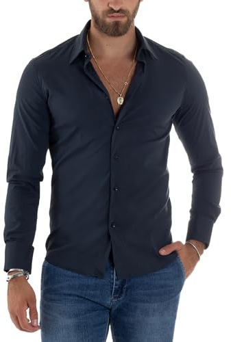 Giosal Camicia Uomo Slim Fit Tinta Unita Vari Colori Cotone Maniche Lunghe (IT, Testo, S, Regular, Regular, Blu)