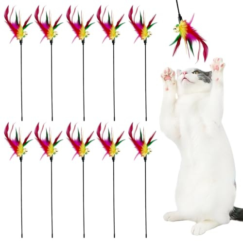 JRSHIRLEYLTD Lot de 10 jouets de pêche pour chat - Jouet de pêche pour chat - Plumes colorées - Avec clochette - Pour chaton