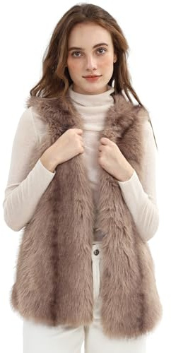 Amazhiyu Gilet da donna in pelliccia sintetica, senza maniche, girocollo in peluche, aperto sul davanti, caldo capispalla con tasche per autunno/inverno UK, Marrone, M