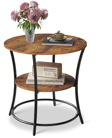 WLIVE Side Table, Round Side Table with 2 Open Shelves, Bedside Table with Steel Frame for Living Room, Bedroom, Coffee Table for Small Spaces, 55x55x55 cm, Rustic Brown