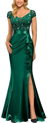 MIUSOL Women's Classy Floral Lace Sequin Cap Sleeves Fishtail Prom Cocktail Party Maxi Dress