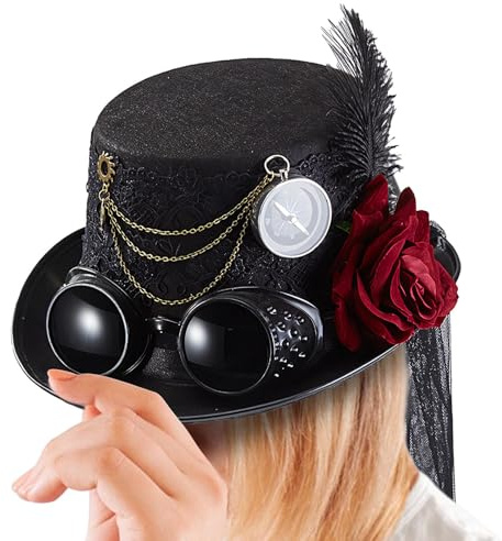 Generisk steampunkhatt män gotisk stil | karneval cylinderhatt – med avtagbara rosskyddsglasögon och kedja för män cosplay maskboll halloween fest