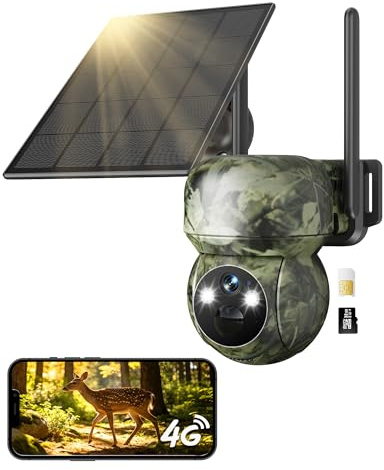 GNCC 4G LTE Camara Fototrampeo de Caza 360°PTZ, 2K Cámara Vigilancia Solar con Tarjeta SIM, Visión Nocturna en Color/Infrarrojos, Audio Bidireccional, IP65 Impermeable, para Caza y Monitoreo Remoto