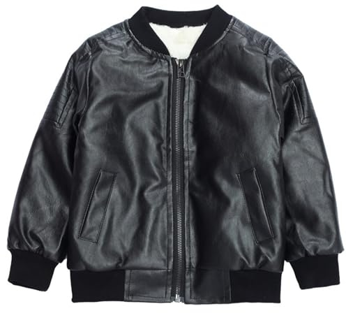 Chaqueta de cuero con forro polar para adolescentes, para invierno, cálido, mullido, para motocicleta, motociclista, abrigo de cuero para niños, casual, moda, ropa de calle, Negro, 18-24 meses