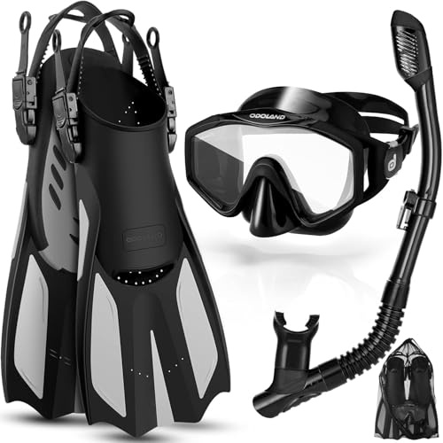 Odoland Adult Snorkel Set, Snorkeling Packages with Dry Top Diving Mask, Adjustable Swim Fins, Anti-Fog Anti-Leak Snorkeling Gear for Men Women Adult, Black L/XL