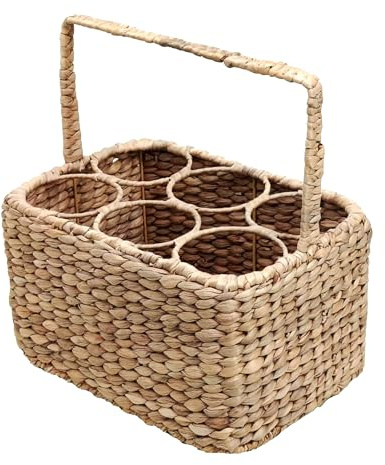 Relaxdays Cesta para 6 Botellas, Junco Trenzado con asa, 34x32x22 cm, Natural