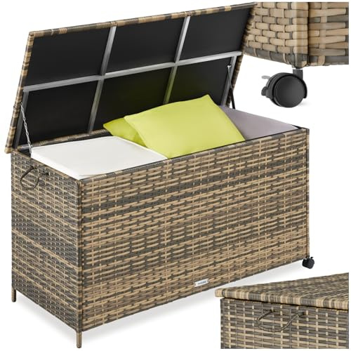 tectake® Box Contenitore da Esterno, 116 x 54 x 64 cm, 253 L, Mobile da Giardino con Intreccio in Polyrattan, Telaio in Alluminio, Coperchio Rinforzato, Pratica Maniglia, Rotelle Girevoli- Naturale