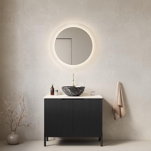 Generisch Tocador de baño independiente de 76 cm con lavabo de cerámica negra patrón de piedra, encimera de piedra blanca sinterizada Carrara, armario de doble puerta a rayas con amortiguador de