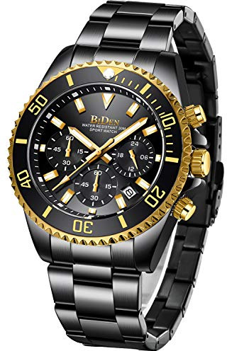Biden Herren-Armbanduhr, Chronograph, Edelstahl, wasserdicht, Datum, analog, Quarzuhr, Business, Freizeit, Mode, Armbanduhren für Herren, schwarz/goldfarben, Armband