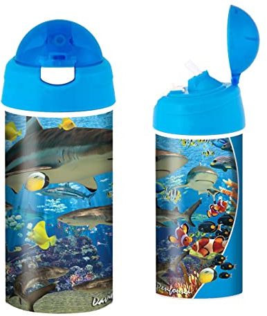 3D LiveLife Drinking Bottle - Shark Reef from Deluxebase. 3D Lenticular 600ml BPA Free Reusable Blue Water Bottle with Straw and Flip Top Lid. Leak Proof Animal Drinks Bottles with Shark Design.